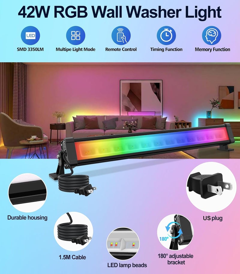 meikee 42W RGBW Wall Washer Light, 3350lm, IP66 Waterproof Wash Light Bar with Remote, Color Changing Wash Flood Strip Lighting for Stage Party Wedding Christmas Decoration 2 Pack - Image 2